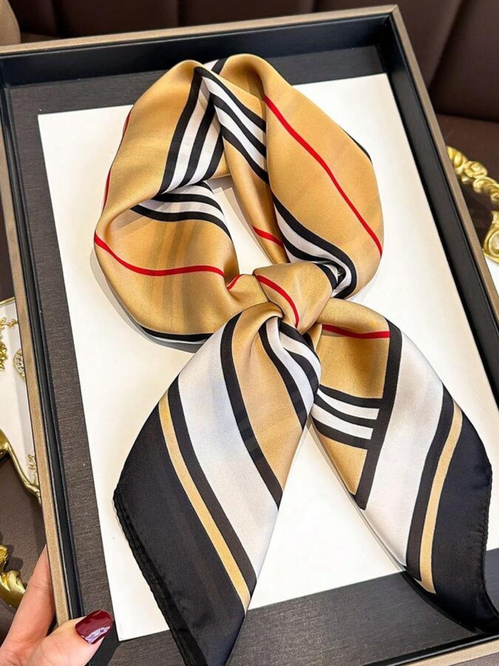 Silk-Feel Striped Neck Scarf - Gold & Black
